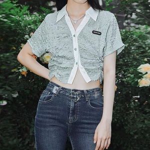 Green crinkle crop top